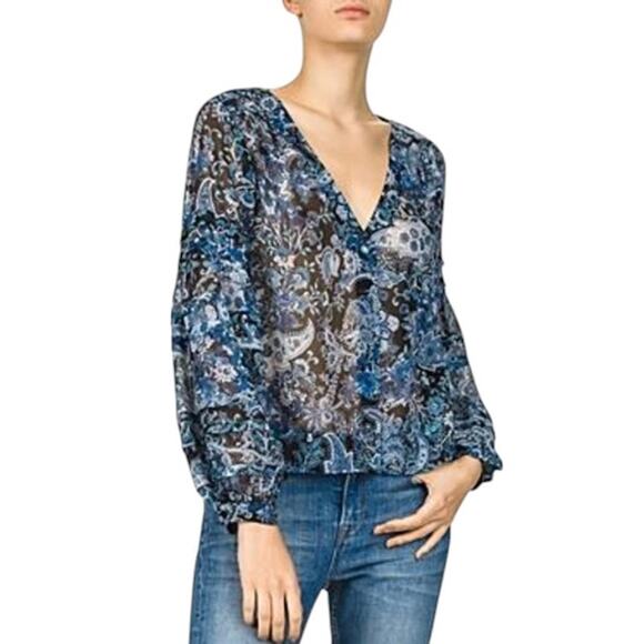 The Kooples Blue Floral Print Button Front Silk Blouse - Picture 1 of 10